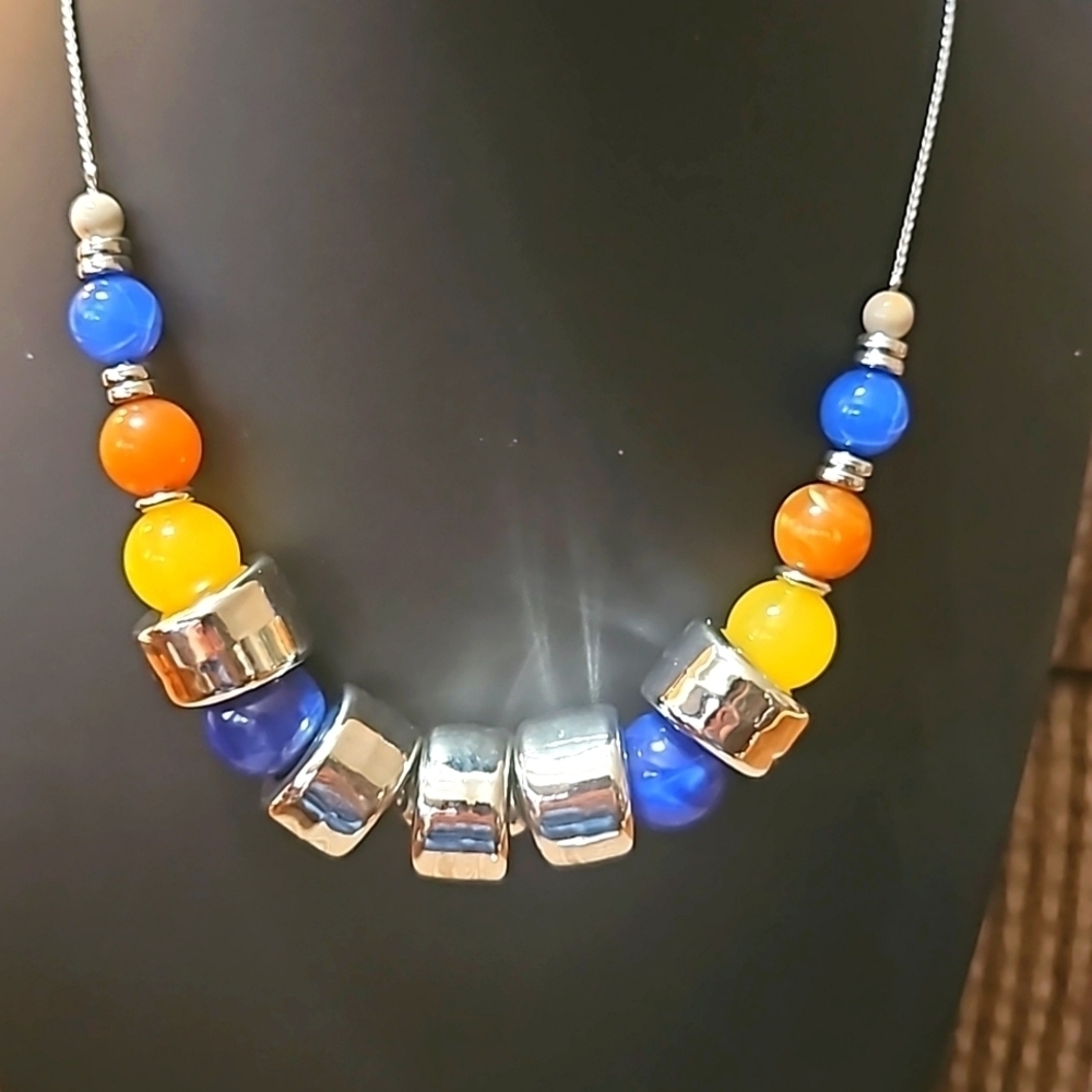 Cache 20” silver, blue, yellow & brown necklace
